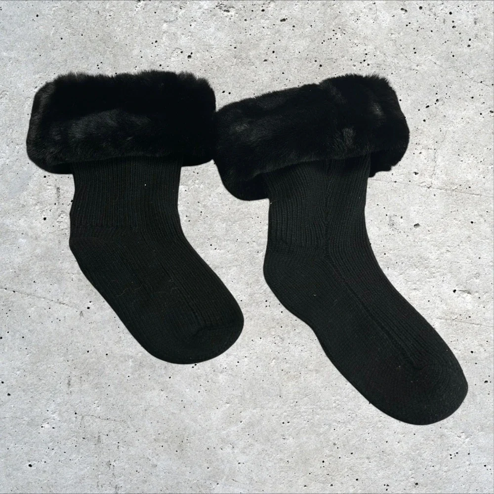 Boot Socks Womens‎ OS Black Faux Fur Trim Ribbed Knit Winter